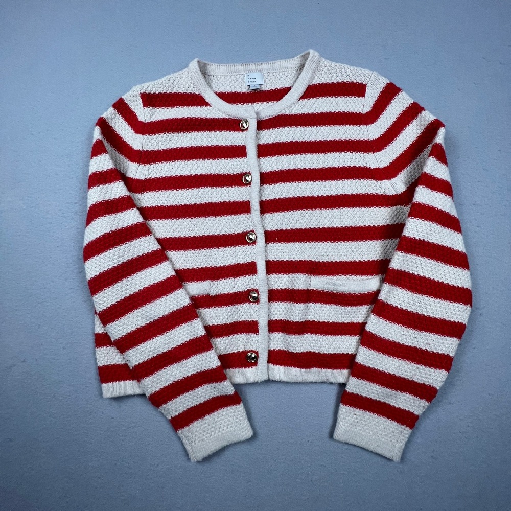 Nautical Cardigan Sweater Womens Large Red Cream Striped Gold Button A New‎ Day
